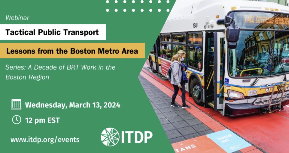 ITDPUS's tweet image. 🚌Join us Wednesday for a webinar on navigating #publictransport in Greater Boston. Explore how tactical interventions like pop-up bus lanes and all-door boarding have initiated #busreform!

Learn from real success stories on 3/13 @ 12 pm: bit.ly/3Uy0Ney