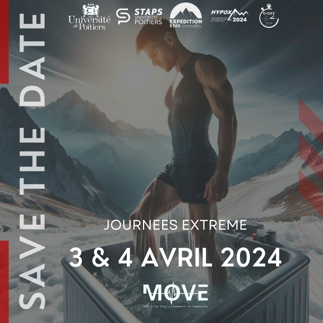 🚨SAVE THE DATE
📍: UFR <a href="/STAPSPoitiers/">STAPS Université de Poitiers</a> - <a href="/UnivPoitiers/">Université de Poitiers</a> 
📆 Mercredi 3 &amp; Jeudi 4 Avril
Conférences sur nos programmes de recherche axés sur l'utilisation du #froid &amp; de l'#altitude/#hypoxie (<a href="/DdayProject2024/">D-day</a>, <a href="/HYPOXPERF/">HYPOXPERF</a>, <a href="/5300Expedition/">Expedition 5300</a>...)

*Prog EXTREME : lnkd.in/d3rdrP7N