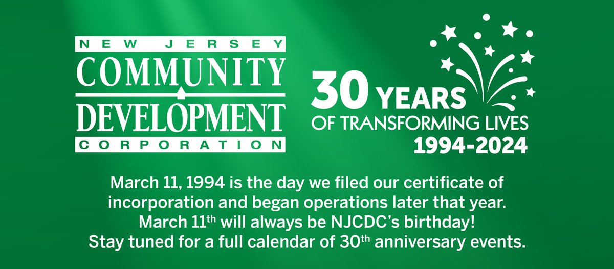 Today, we're celebrating our 30th Anniversary! 🎉 For 30 years, we've been creating opportunities to transform lives in &amp; around #PatersonNJ. Thank you to everyone who has been a part of this incredible journey! Stay tuned for an exciting year of events as we celebrate! #NJCDC30