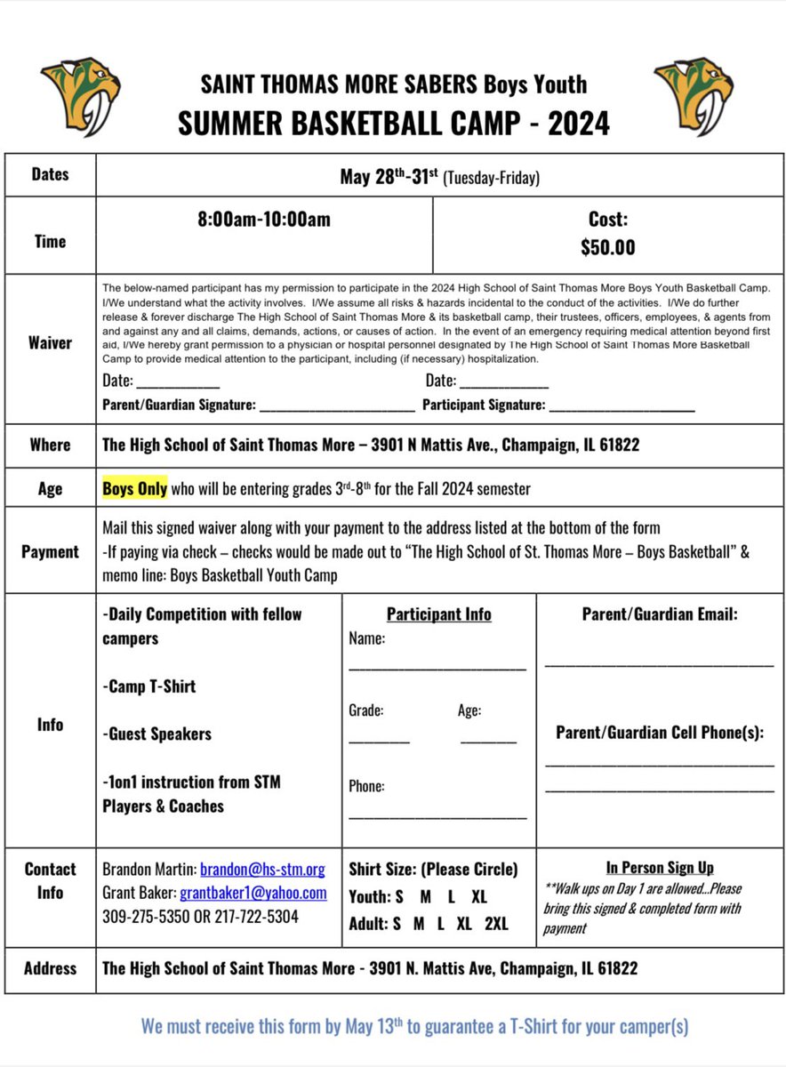 🚨ATTN: PARENTS🚨

It’s that time of year again! With summer right around the corner, we’re happy to once again host our Youth Basketball Summer Camp

Dates, details, &amp; registration form for the Camp are below! Come out to North Mattis &amp; see what STM has to offer! #TWW