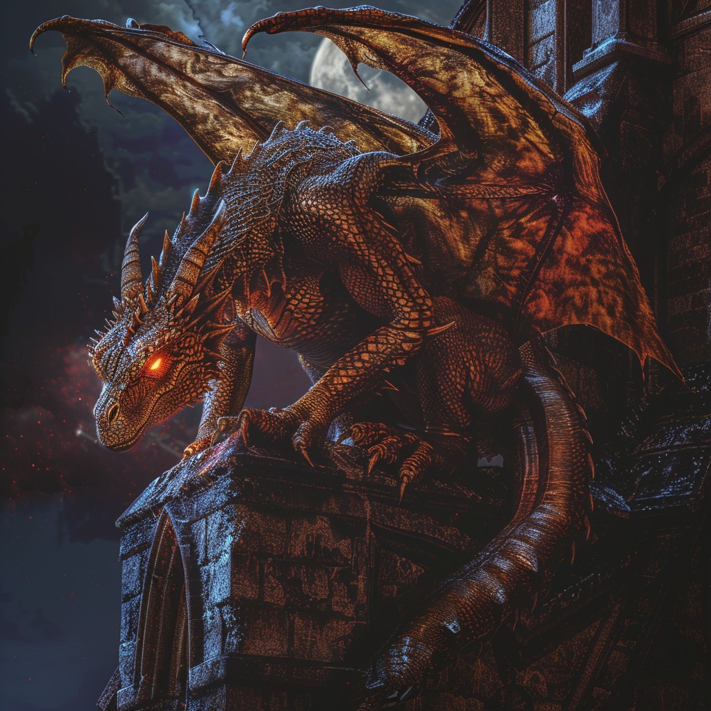 Under the haunting glow of a crescent moon, a formidable dragon with scales that whisper tales of ancient fire perches atop a stone tower, its smoldering eyes keeping watch over a realm shrouded in mystery and legend.