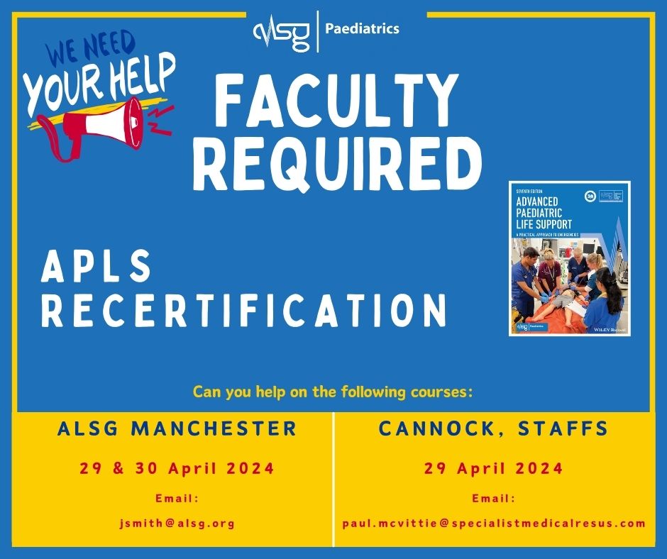 Calling all APLS Instructors! Can you help on any of the APLS Recertification courses in Cannock or Manchester? Please email paul.mcvittie@specialistmedicalresus.com for Cannock and jsmith@alsg.org for Manchester. As always, your help is much appreciated. @RTresus