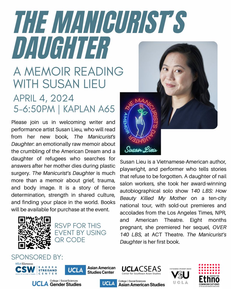 Please join us on April 4th in welcoming writer and performance artist Susan Lieu, who will read from her new book, The Manicurist’s Daughter, an emotionally raw memoir about the crumbling of the American Dream and the daughter of refugees. ow.ly/L7gY50QMUe8