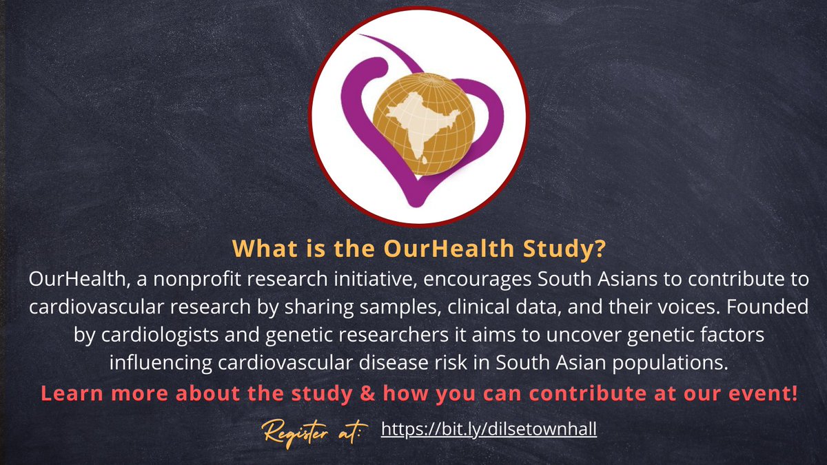 @Namrata13 @RomitB_MD @AniruddhPatelMD @BegumThoin @ourhealthstudy We're excited to partner with @ourhealthstudy for this virtual town hall. OurHealth aims to uncover genetic factors contributing to CVD risk in South Asian populations by collecting lifestyle & medical data along w/ biological samples from participants. learn more at our event!