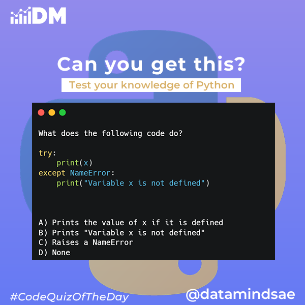 Thrive_Links's tweet image. Let&apos;s test your knowledge of Python.
#CodeQuizOfTheDay 

#python #programming #developer #morioh #programmer #webdev #webdeveloper #webdevelopment #pythonprogramming #pythonquiz #ai #ml #machinelearning #datascience #CONNECT #100DaysOfCode