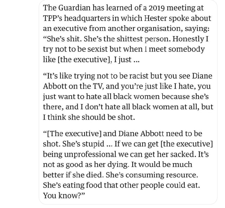 According to The Guardian, Frank Hester, a £10m Tory donor has reportedly called for what is essentially the murder of Diane Abbott MP, alongside horrific racist remarks. The Conservative Party “declined to comment” WHAT? They cannot get away with this. It’s fucking shocking.