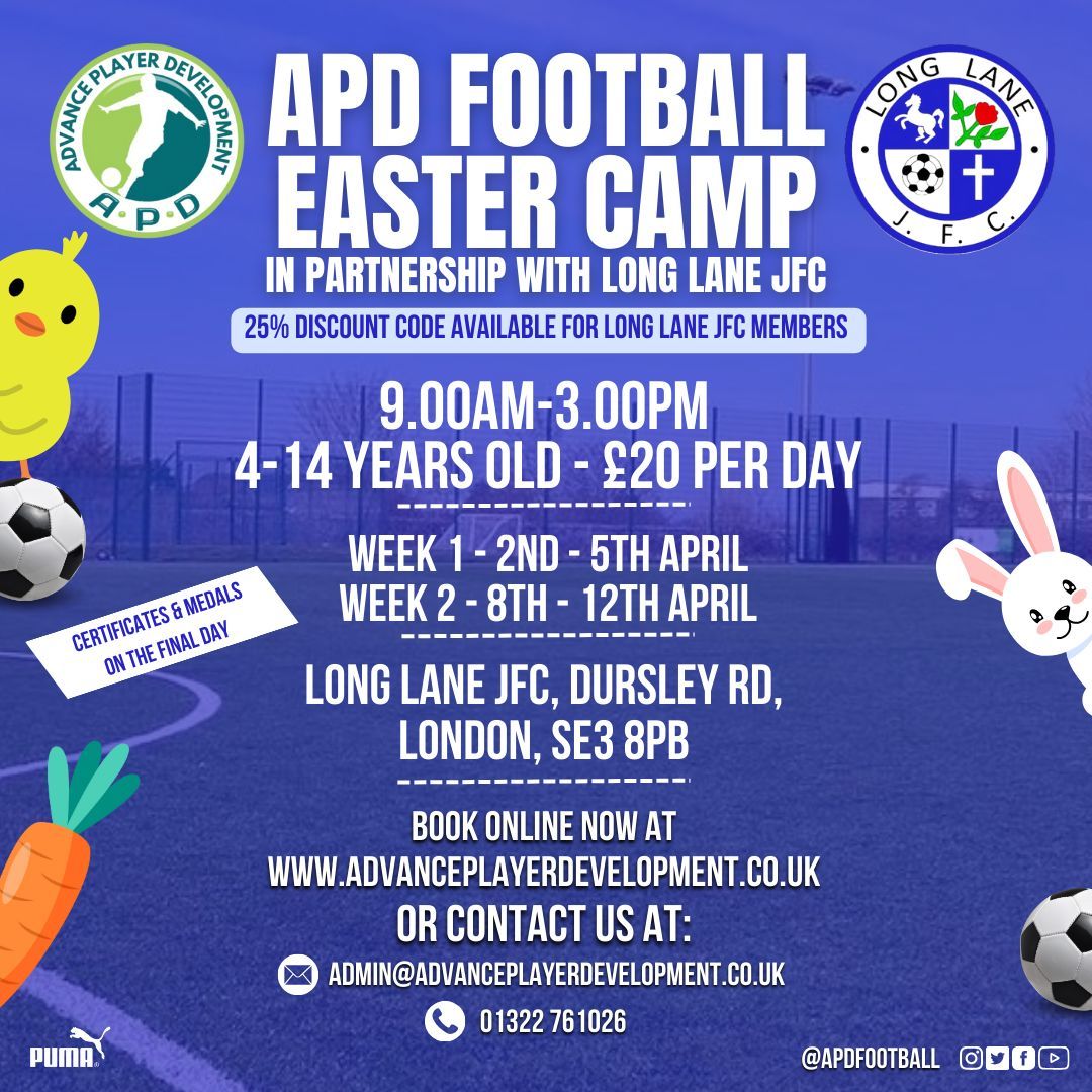 🗞️ | We are excited to announce a new partnership with @APDfootball for our club. APD will be providing football camps during school breaks, starting this Easter with 2 camps. Long Lane members will enjoy discounted rates for all camps. #upthelane🟦⬛️ #footballcamp #se3