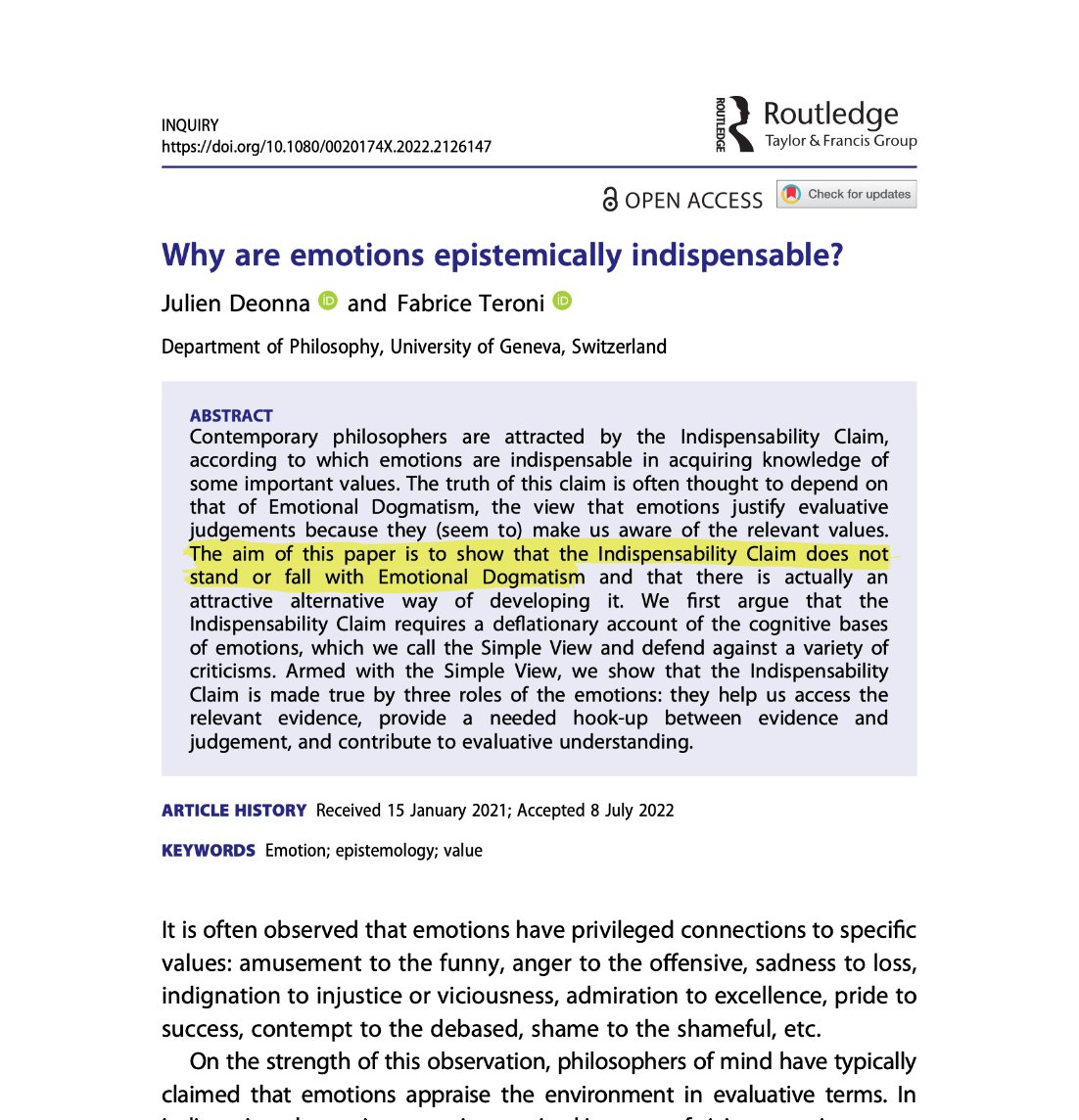 Nice little paper from Deonna & Teroni -Uses some nice observations about 'emotional sensitivities' to defend their view that nonevaluative evidence can justify emos -Argues that emos give us epistemic goodies due to modulatng attention & are needed for graspng some eval concepts