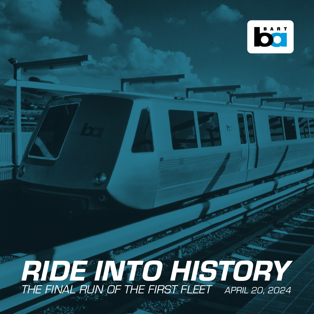 Join us to mark the end of an era: the last run of BART's legacy trains and retirement ceremony.

🗓️ April 20, 2024
⏰1pm
🚉MacArthur Station

After the ceremony, we will board a legacy train and ride from MacArthur to Fremont Station, mirroring opening day service on 9/11/72.