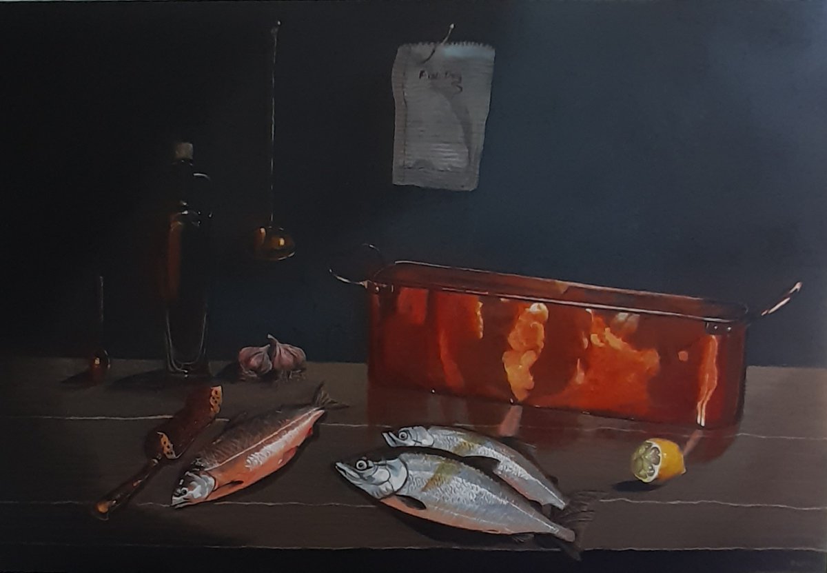 The Fish Kettle. Finished today. Acrylic painting. #acrylicpainting #art #artlover #Fish #StillLife #Original #originalart #originalpainting