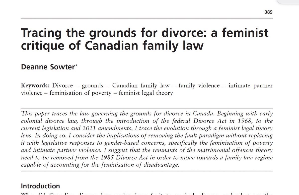 New scholarship drop! Published as part of a special comparative issue examining the grounds for divorce, my new paper 'Tracing the grounds for divorce: a feminist critique of Canadian family law' is now available in the Child and Family Law Quarterly (UK)! (1/2)