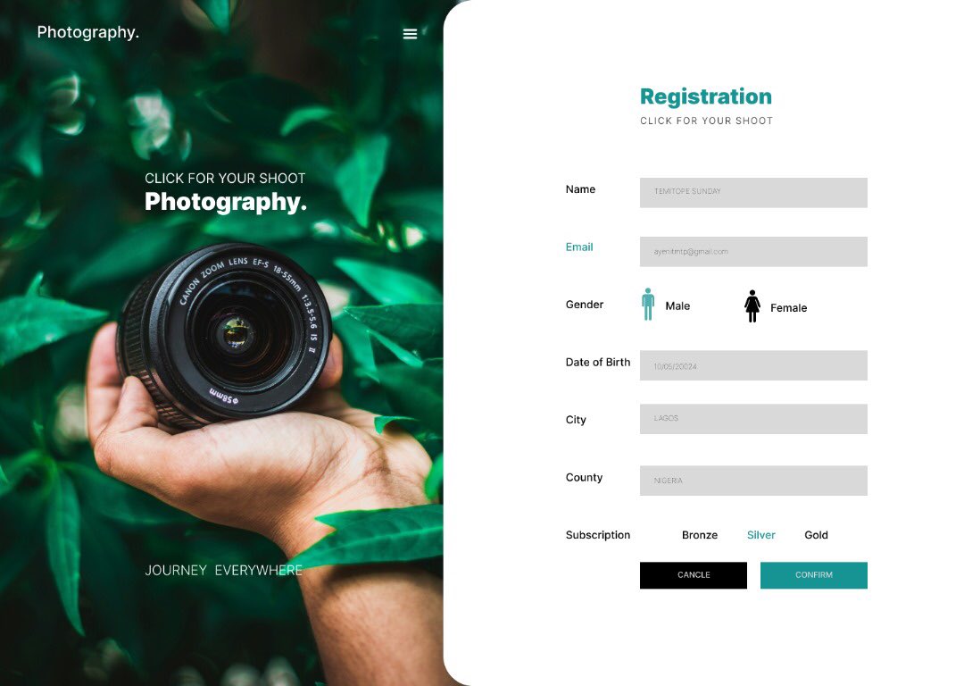 teetops10's tweet image. Daily UI challenge day 1:Sign up form

I design a sign up form for a photography registration 
Sign up form have everything you need to run a registration for your event or activity .

Feedback is highly appreciated
 
@DailyUI @kbasit0195 @iambukiee @dablaqboy 

#Signupform #UI