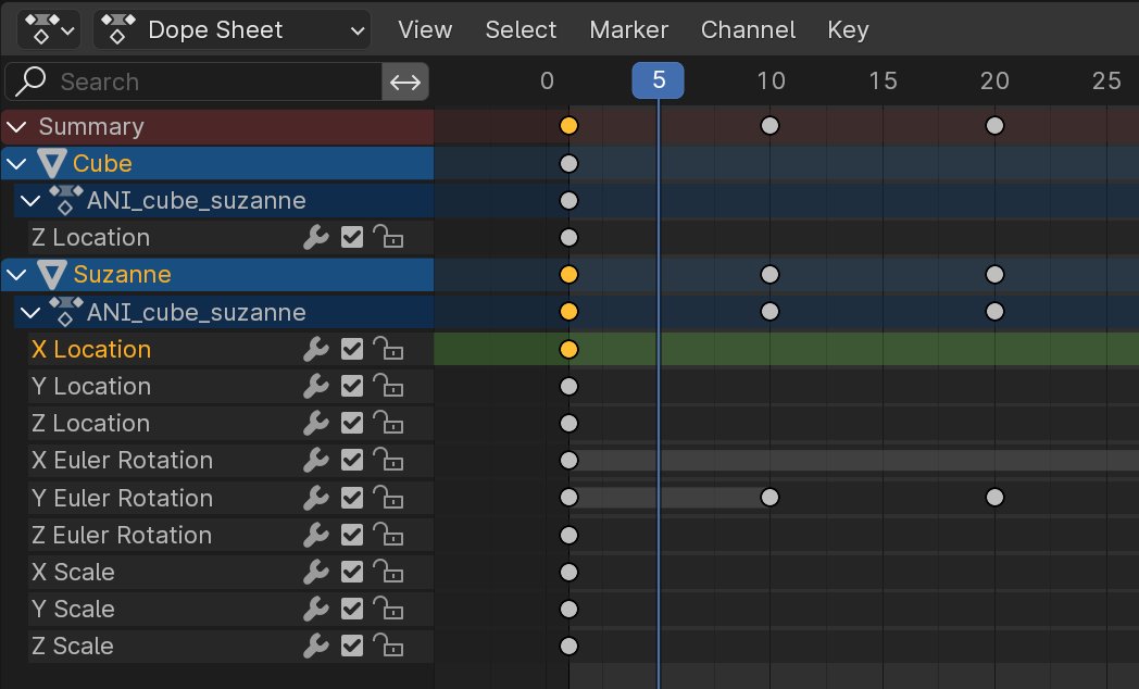 It's really happening! Here's a screenshot of today's work: Blender's dope sheet showing keyframes from the upcoming Animation data-block. And as a bonus, both Cube and Suzanne are animated by the same Animation. #b3d #blender3d #animation #ProjectBaklava #devfund #progress