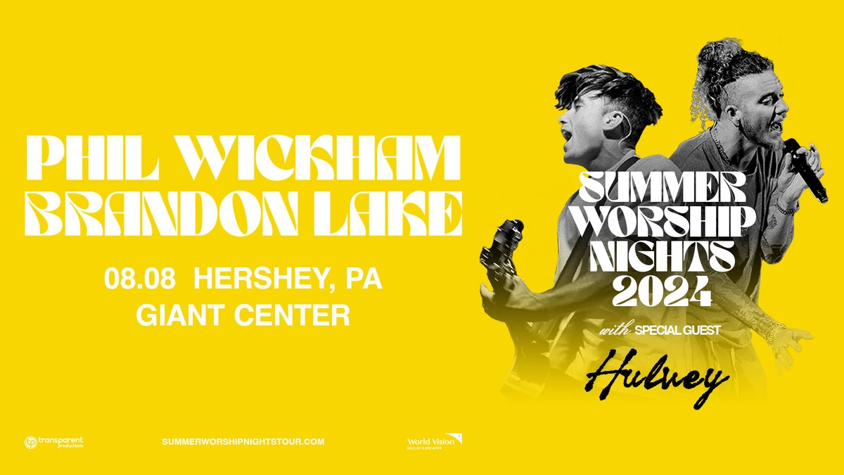 Show announcement: @philwickham, @brandonlake and special guest @hulveyofficial are bringing the Summer Worship Nights Tour to #GIANTCenter on August 8! Tickets go on sale March 25 at 10 AM. bit.ly/48RJiJJ