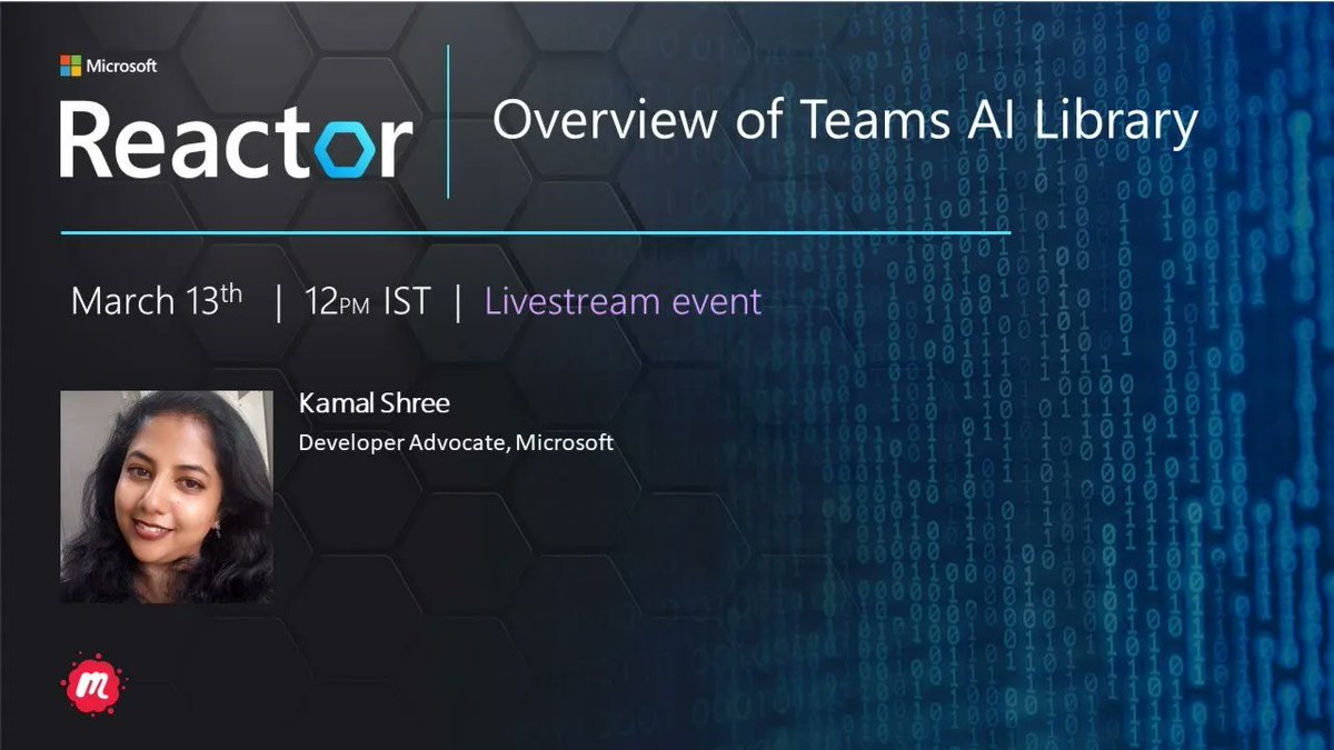 📢Join us for another session on Tech Talks Series at <a href="/Microsoft/">Microsoft</a> Reactor <a href="/MSFTReactor/">Microsoft Reactor</a>  ! In this session, I will be talking about harnessing the power of #AI and creating intelligent, user-friendly applications for  #Teams. <a href="/Microsoft365Dev/">Microsoft 365 Developer</a> 
👉Register: meetup.com/microsoft-reac…