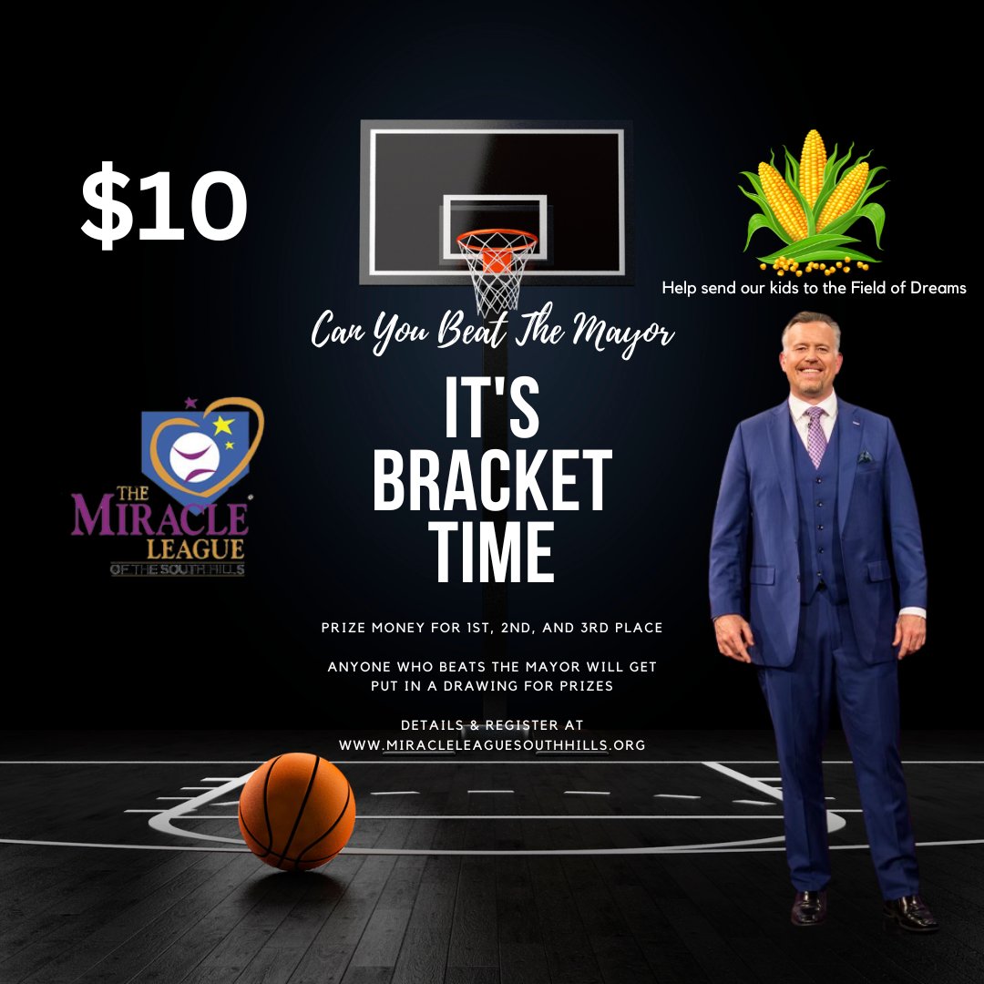 Selection Sunday is less than a week away! 50% to the @MLSouthHills 35% to 1st 10% to 2nd 5% to 3rd miracleleaguesouthhills.org/beat-the-mayor… Anyone who can Beat the Mayor will be entered into a drawing for 5 autographed @TheMayorsOffice baseball cards. #MarchMadness #MarchMadness2024