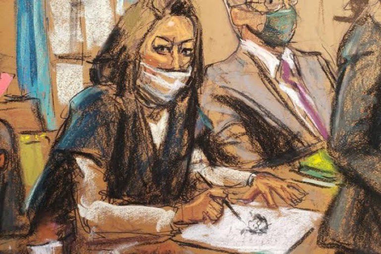 Courtroom sketch of sex trafficker Ghislaine Maxwell made by Elizabeth Williams in 2021. The sketch shows Maxwell making a sketch of Williams after she noticed Williams sketching her.