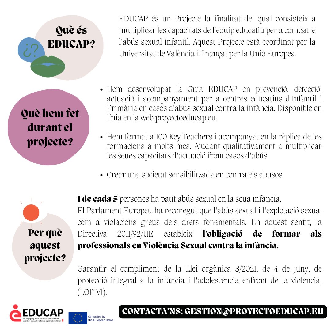 EducapProject's tweet photo. 🎉Atenció!!!
Llancem un NOU CURS: Claus per a previndre i detectar l'abús sexual contra la infància des de les aules.

No te'l perdes, apunta't❤️

Inscripcions i info a la WEB del proyecte: https://t.co/ZeY6YXcVmm

@NGrevia @SaveChildrenCV @CosGrup @IDHUV https://t.co/mvzQMQ3W3t