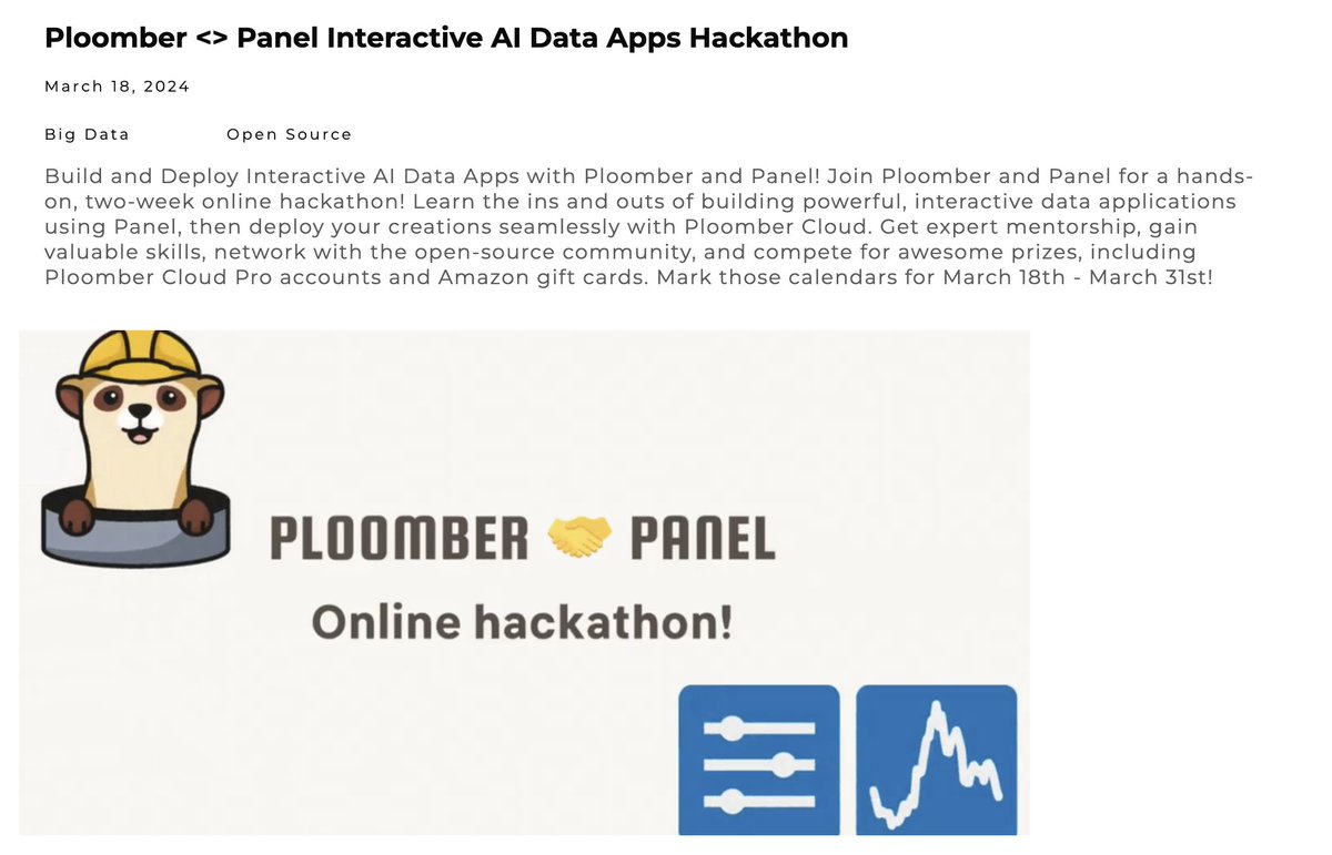 Data apps + AI = the future 📊

Get ready to hack with @ploomber  + @Panel_org! 

Build with Panel, deploy with Ploomber – It's free, remote, and packed with goodies.

Gain hands-on experience, win prizes, and supercharge your resume.

Join the Hackathon - spots are limited!