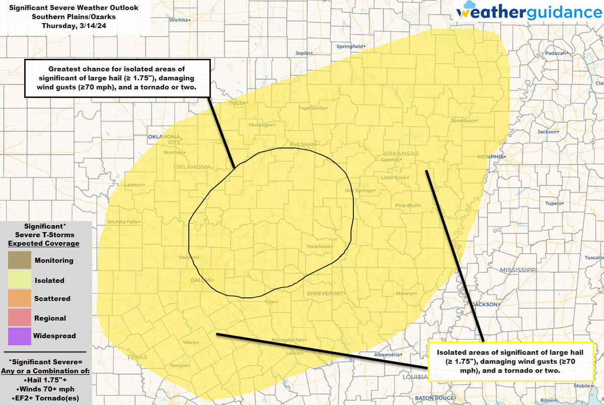 An isolated risk for significant severe weather will be possible across the Southern Plains, the Ozarks, and into the Southern Mississippi River valley this Thursday.

See more details with our interactive map, outlooks, and more at bit.ly/2WPnhGV