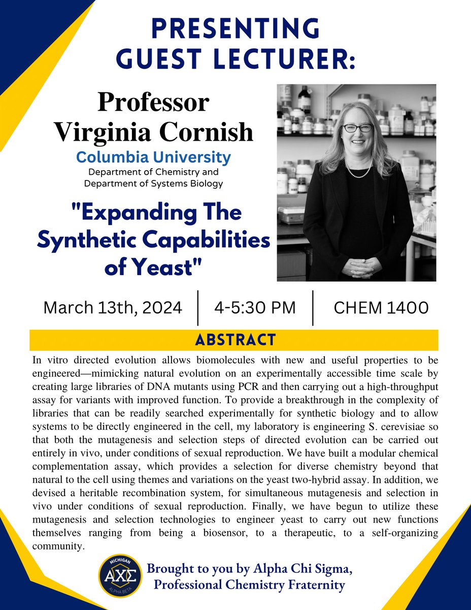 Alpha Chi Sigma- AB (@alphachisigmaab) on Twitter photo HAPPY BARTELL WEEK!! We are SO excited to be hosting Professor Virginia Cornish from <a href="/Columbia/">Columbia University</a> as our guest lecturer this year! Please join us for her talk this Wednesday, 3/13 in Chem 1400! SEE👀YOU👩🔬THERE🫵!! HAPPY BARTELL WEEK!! We are SO excited to be hosting Professor Virginia Cornish from <a href="/Columbia/">Columbia University</a> as our guest lecturer this year! Please join us for her talk this Wednesday, 3/13 in Chem 1400! SEE👀YOU👩🔬THERE🫵!!