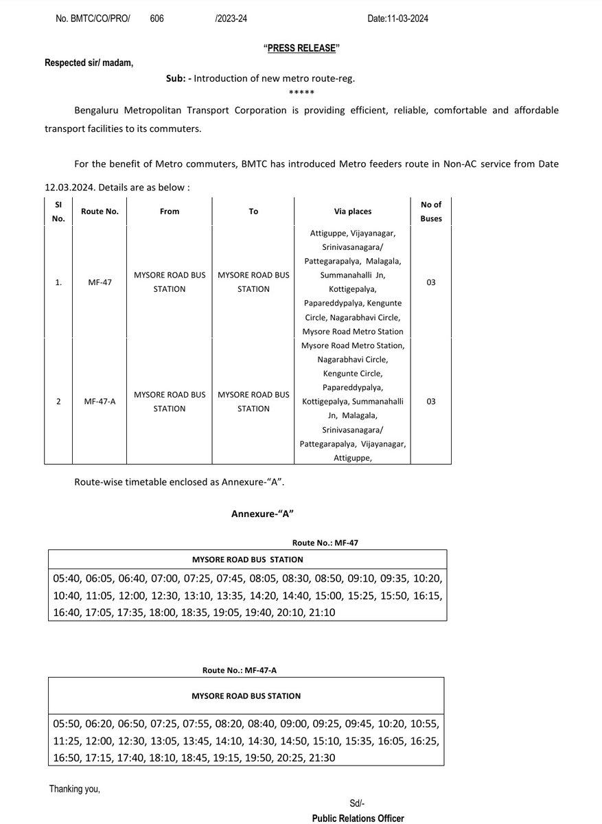 ಮೈಸೂರು ರಸ್ತೆಯ ನಿಲ್ದಾಣದಿಂದ ಹೊಸ ಮೆಟ್ರೋ MF47 & MF47-A ಮಾರ್ಗಗಳನ್ನು ಪರಿಚಯಿಸಿರುವ‌ ಕುರಿತು. New Metro Routes on Mysore road MF47 & MF47-A