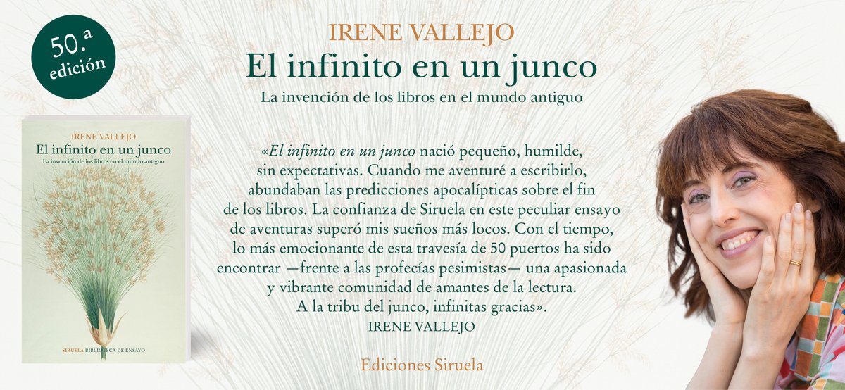 edicionesiruela's tweet photo. 🎉Parece increíble, ¿verdad? Pues es cierto...

EL INFINITO EN UN JUNCO, de @irenevalmore, ha alcanzado su edición número 50!!!

Muchísimas gracias a los amantes de la lectura que os habéis adentrado entre sus páginas. ¡No habría sido posible sin vosotros!
https://t.co/7AQY799wW4 https://t.co/VYrIgchHtj
