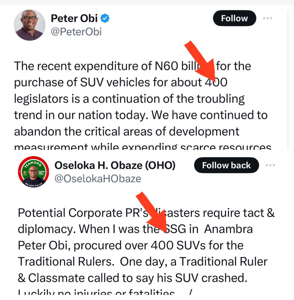 renoomokri's tweet photo. He criticised the National Assembly for wasting billions buying 400 SUVs for Legislators. Meanwhile, he purchased 400 SUVs for Anambra Igwes when he was Governor. Between Legislators and Igwes, who should the government buy cars for? 

This is almost spiritual. 400 versus 400. Exact number.

His own was not a waste. Maybe it was a waist! 

#TableShaker