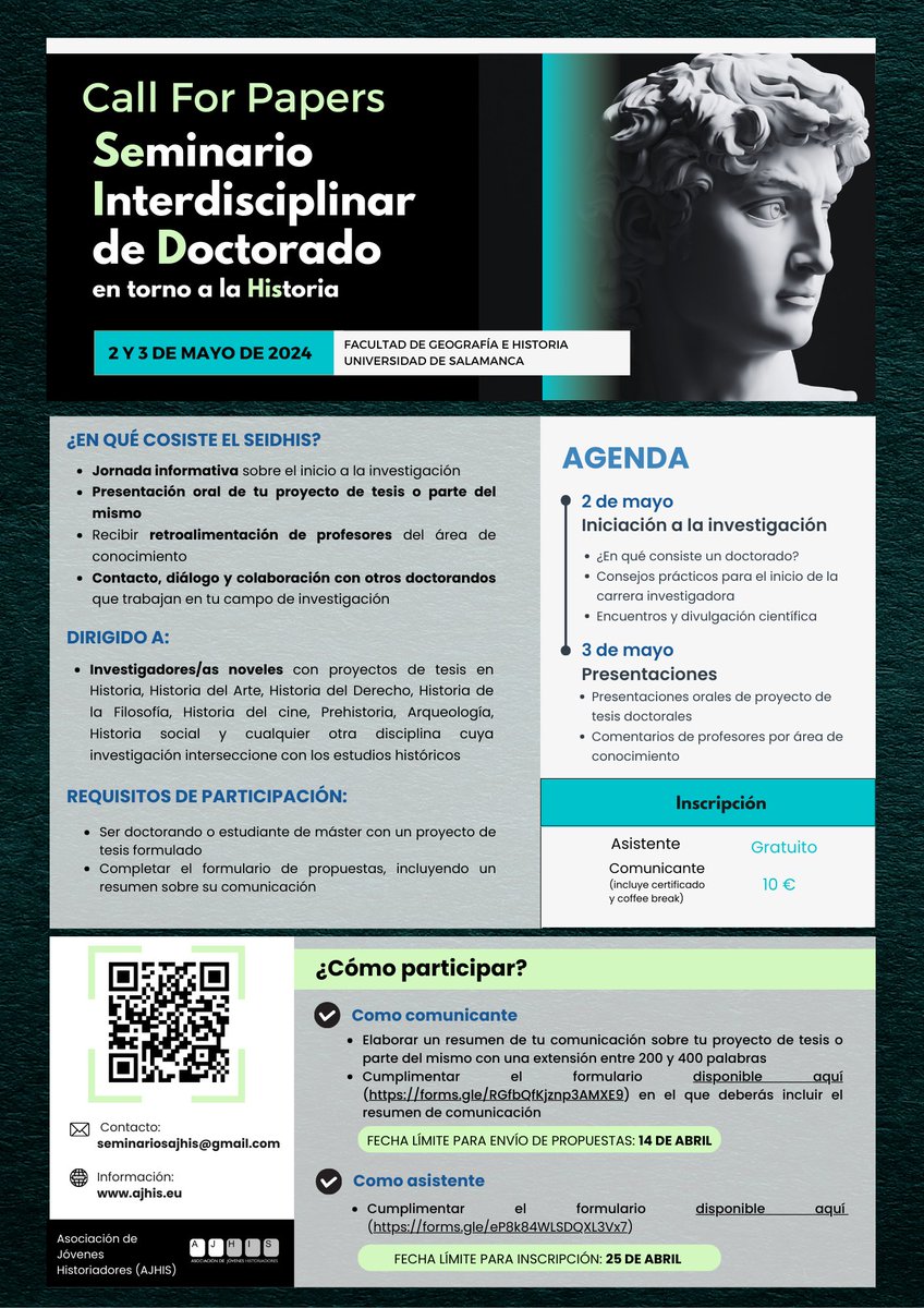 ⚠️ Lanzamos SEIDHIS ⚠️

Un seminario interdisciplinar cuyo objetivo es el contacto, el diálogo y la colaboración entre doctorandos. 

📅 Fecha: 2 y 3 de mayo
📍 Lugar: Facultad de Geografía e Historia, USAL.

📃Toda la info en: ajhis.eu/seidhis