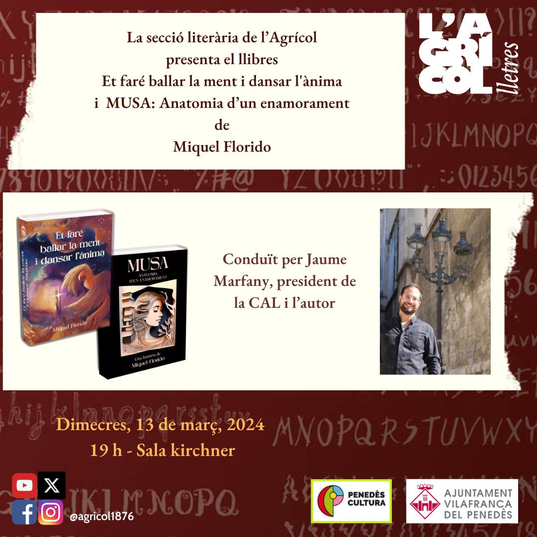 📍A la Sala Kirchner de L'Agrícol 🗓️Dimevres, 13 de març 🕰️A les 19h @JaumeMarfany ens parlarà de dos llibres d'en Miquel Florido @Et_Recordare Us esperem!