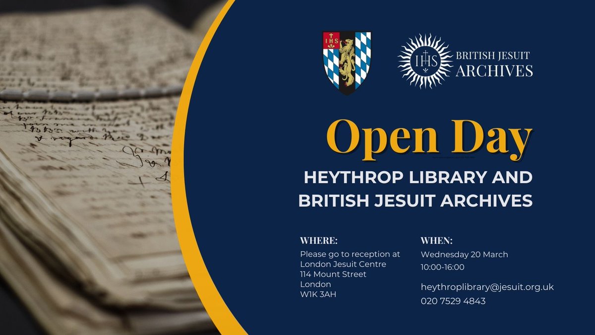 JesuitArchives's tweet photo. Our Open Day is almost here! Why not pop in tomorrow to see some of our historical documents, antiquarian books and relics, as well as modern books @HeythropLib?

#ExploreYourArchive #ArchiveExhibitions https://t.co/YH5F0njdIl