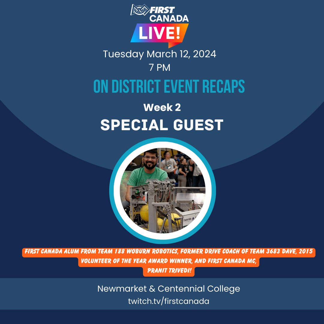 Join us on Tuesday's #FIRSTCanadaLIVE! at 7 PM on twitch.tv/firstcanada where <a href="/kkanagas/">Karthik K</a> and Youth Council members, Jona &amp; Lia discuss #crescendo and the highlights from the Newmarket event + special guest Pranit Trivedi will share the excitement from <a href="/CentennialEDU/">Centennial College</a>!
