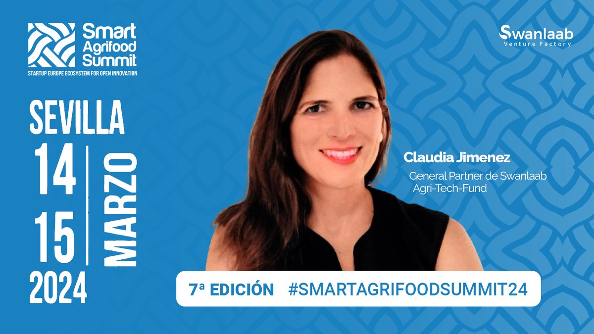 🗓️El próximo 13-14 /3, Claudia Jiménez, General Partner de #Swanlaab, asistirá a uno de los mayores eventos de innovación y digitalización de la cadena alimentaria en Europa, @SmartAgriFoodSu, un punto de encuentro donde conocer nuestro Agri Food-Tech Fund. ¡Nos vemos allí!