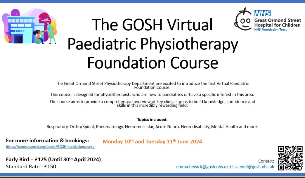 Want to learn more about physiotherapy in paediatrics? Look no further, GOSH is running a virtual paediatric physiotherapy course. For more info and registration see link below. courses.gosh.org/event/GOSHfoun…