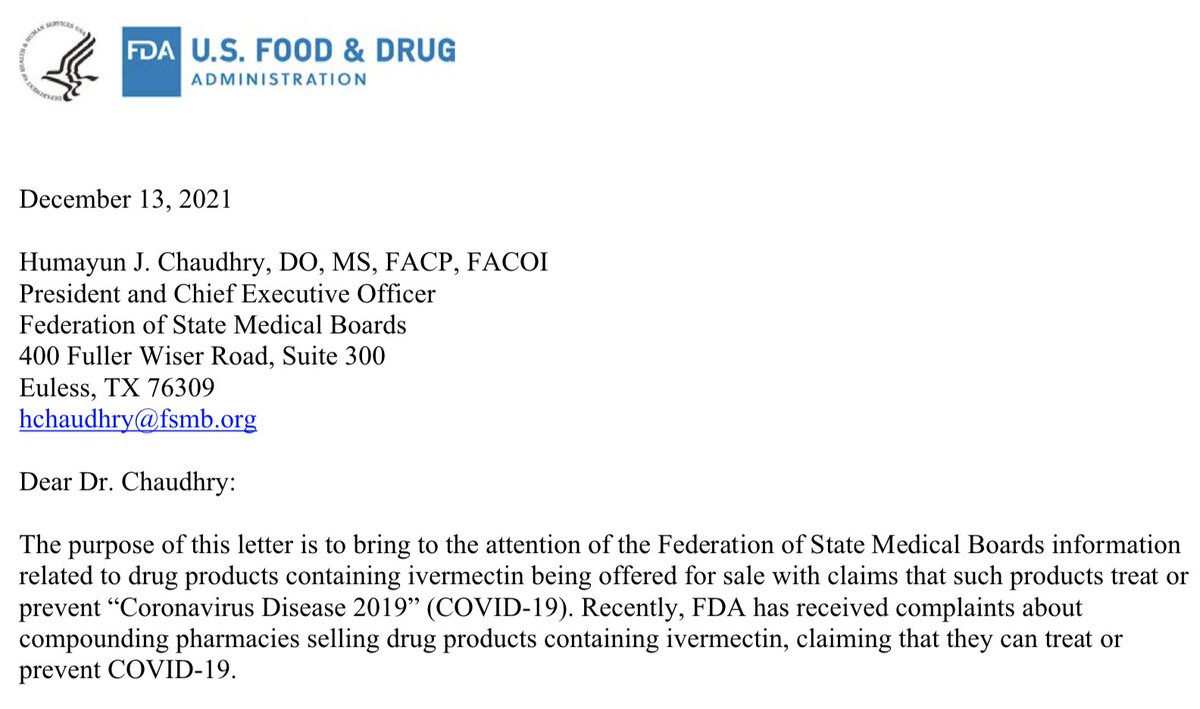 MaryBowdenMD's tweet image. Dec 13, 2021:  FDA sends letter to Federation of State Medical Boards warning about ivermectin.

Dec 22, 2021:  Doctors around the country receive letters from their state medical boards with complaints related to ivermectin (including myself.)

@drsimonegold @btysonmd…