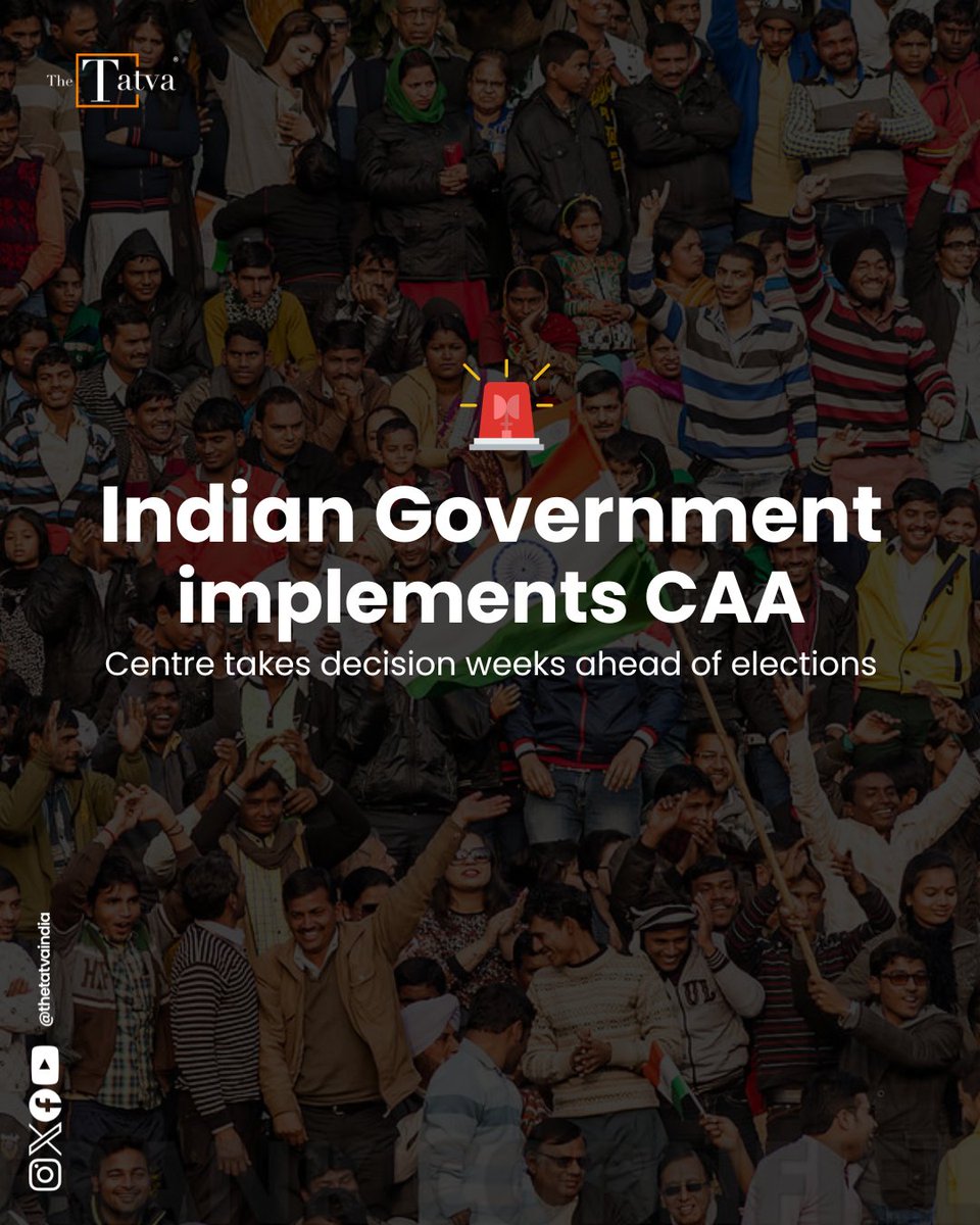 thetatvaindia's tweet photo. BIG BREAKING🚨: 4 Years After Bill Passed, Citizenship Law CAA Likely Becomes Reality Today.

The Union Home Ministry could issue a notification later tonight to implement the controversial Citizenship Amendment Act.

The CAA - which makes religion, for the first time, a test of citizenship - was cleared by Parliament in December 2019 amid violent protests and fierce resistance from opposition politicians and the chief ministers of non-BJP states. Over 100 people were killed in those protests.

Once issued, the government can grant Indian nationality to non-Muslim migrants from Bangladesh, Pakistan and Afghanistan, who had come to India before 2015. An unnamed official told news agency ANI "the regulations are prepared and an online portal is already set up... applicants can disclose year of entry without travel documents". No additional documents will be required, the reported official say.

This comes less than a month after Home Minister Amit Shah stressed the CAA will be implemented before the Lok Sabha election, which is due in April/May. "CAA is an act of the country... it will definitely be notified. CAA will come into effect before the election (and) nobody should be confused about this."

#CAA