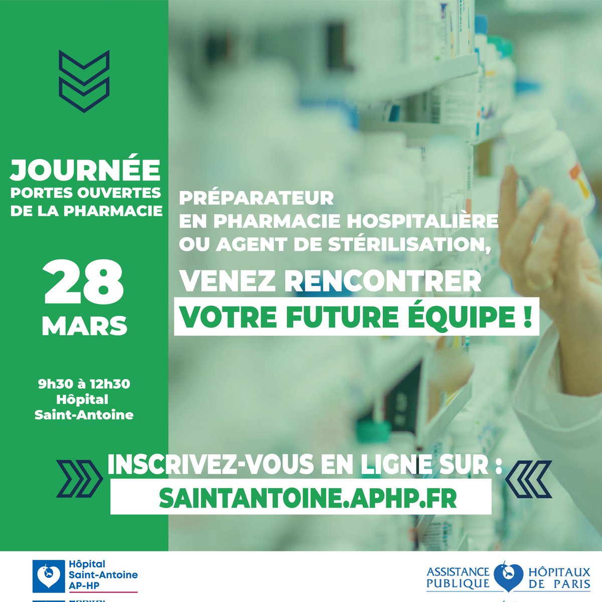 #APHPRecrute | Vous êtes préparateur en pharmacie hospitalière ou agent de stérilisation ?  📅Venez rencontrer votre future équipe le jeudi 28 mars de 9h30 à 12h30. Inscrivez-vous 👇 bit.ly/3uUyCMy @aphp @Mairie12Paris #TeamSaintAntoine #recrutement #attractivité