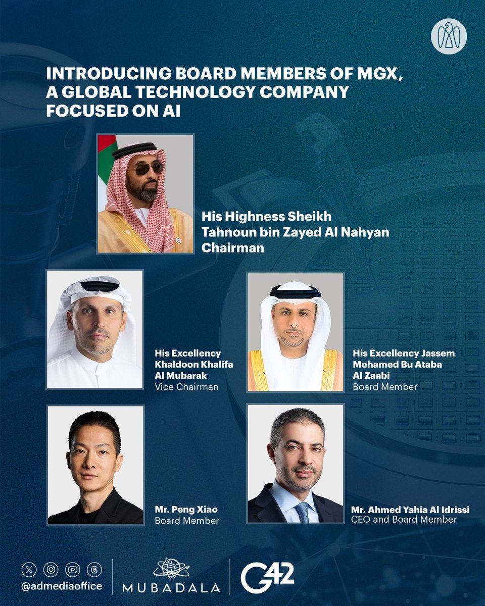 Technology investment company MGX is to be chaired by Tahnoun bin Zayed, with Khaldoon Khalifa Al Mubarak as Vice-Chairman. Board members are Jassem Mohamed Bu Ataba Al Zaabi, Peng Xiao and Ahmed Yahia Al Idrissi, who will take the role of MGX CEO.