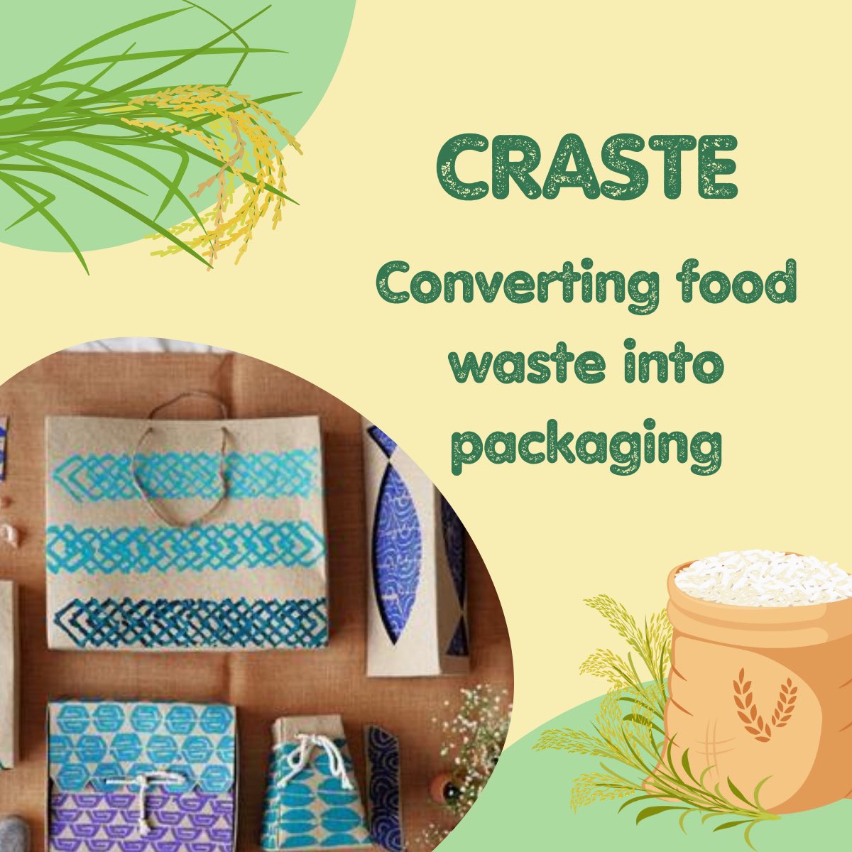 Rice straw material can be used to create paper and packaging products, capitalizing on this opportunity is Craste. Rice straw residue left after harvest is saved from the burn pile by turning it into packaging boxes. ​Learn more about Craste’s work here: craste.co
