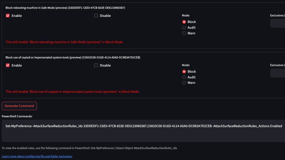 The Haag™ (@m_haggis) on Twitter photo 🎉 Updated ASRGEN🚨
If you haven't been following along, Microsoft recently added two new ASR rules in preview.
- Block rebooting machine in Safe Mode (preview)
- Block use of copied or impersonated system tools (preview)
1. learn.microsoft.com/en-us/microsof…
2. learn.microsoft.com/en-us/microsof… 🎉 Updated ASRGEN🚨
If you haven't been following along, Microsoft recently added two new ASR rules in preview.
- Block rebooting machine in Safe Mode (preview)
- Block use of copied or impersonated system tools (preview)
1. learn.microsoft.com/en-us/microsof…
2. learn.microsoft.com/en-us/microsof…