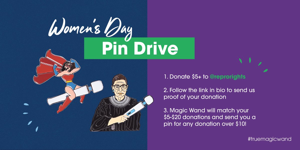 Join our pin drive to raise funds for the Center for Reproductive Rights!💙

Between now until 3/15, we'll match any donations to @reprorights between $5-$20 &amp; will send a #truemagicwand Wonder Woman or RGB pin to any US residents who donate $10 or more. 

ow.ly/OQTs50QPSFN