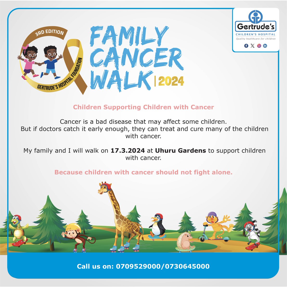Lace-up your shoes for a cause! Gertrude's Children's Hospital is hosting its Annual Charity Walk on March 17, 2024, to raise funds for the treatment of children with cancer. Buy a T-shirt to show your support! Call 0705144316. #AnnualFamilyWalk2024 #GertrudesKe