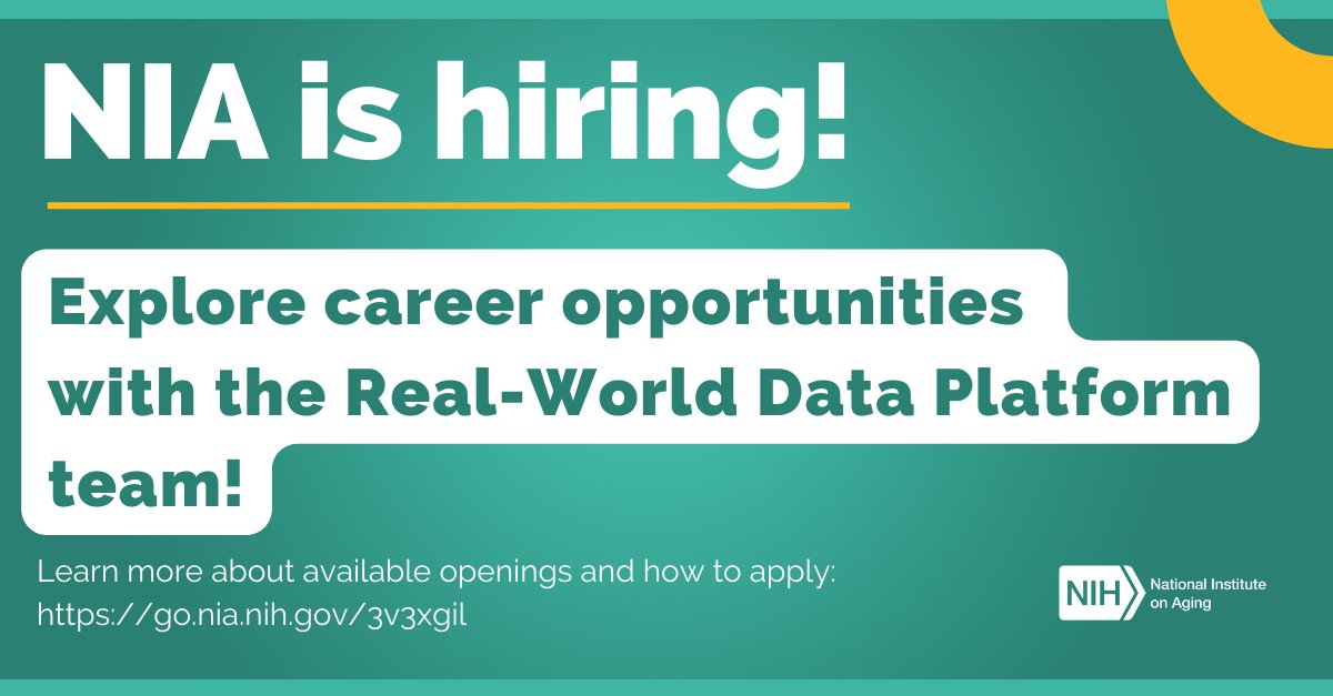 Explore career opportunities at NIA! Join our Real-World Data Platform team as a project scientist, clinical researcher, & more! The RWDP links & analyzes health data & facilitates inclusive, diverse participation in #ClinicalResearch. Apply today: go.nia.nih.gov/3v3xgil