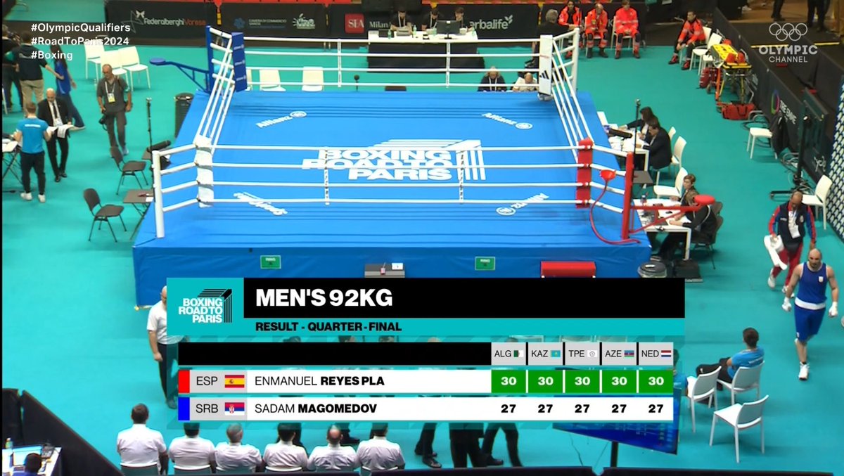 🥊 #Boxeo Preolímpico en Busto Arsizio 🇮🇹 (92kg masculino)

🚨🚨 PLAZA OLÍMPICA 🚨🚨

✅ Enmanuel Reyes Pla (<a href="/EnmanuelPla/">enmanuel reyes pla</a>) 🇪🇦 se impone por decisión unánime a Sadam Magomedov 🇷🇸 y se hace con la plaza a #Paris2024

🔝 Gran combate del español, que dominó de cabo a rabo.