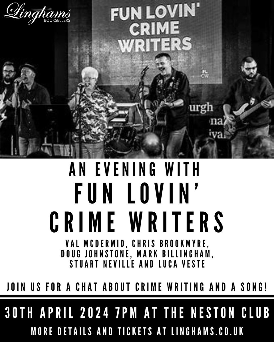 The Fun Lovin' Crime Writers are back in town! @valmcdermid @MarkBillingham @LucaVeste @stuartneville @doug_johnstone @cbrookmyre will all be at @Parkgateclub on the 30th April to talk all things crime writing and sing a song! This is not one to miss.