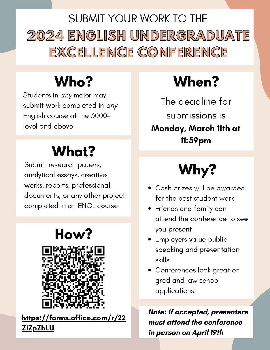 Today's the last chance students can submit to the English Undergraduate Excellence Conference! 📚✨ 🗓️ Submit by: March 11, 11:59 PM 🗓️ Conference Date: April 19 #EnglishExcellence! 🌟