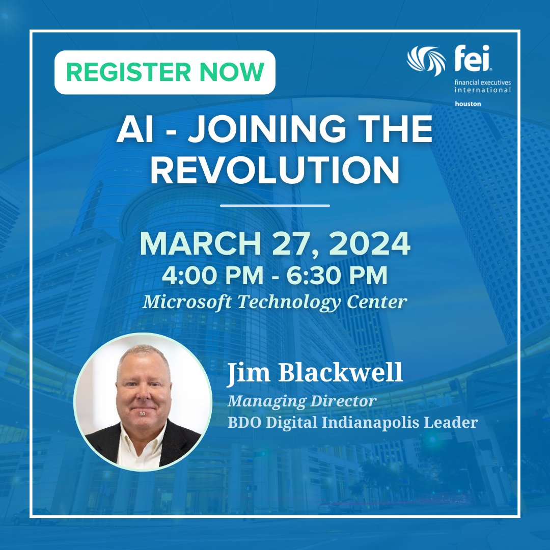 Mark your calendars! Join the conversation 'AI - Joining The Revolution' on March 27 at the Microsoft Technology Center. Get an Intro to AI and its overall impact featuring Jim Blackwell, Managing Director at BDO Digital Indianapolis Leader: bit.ly/49vhpIr