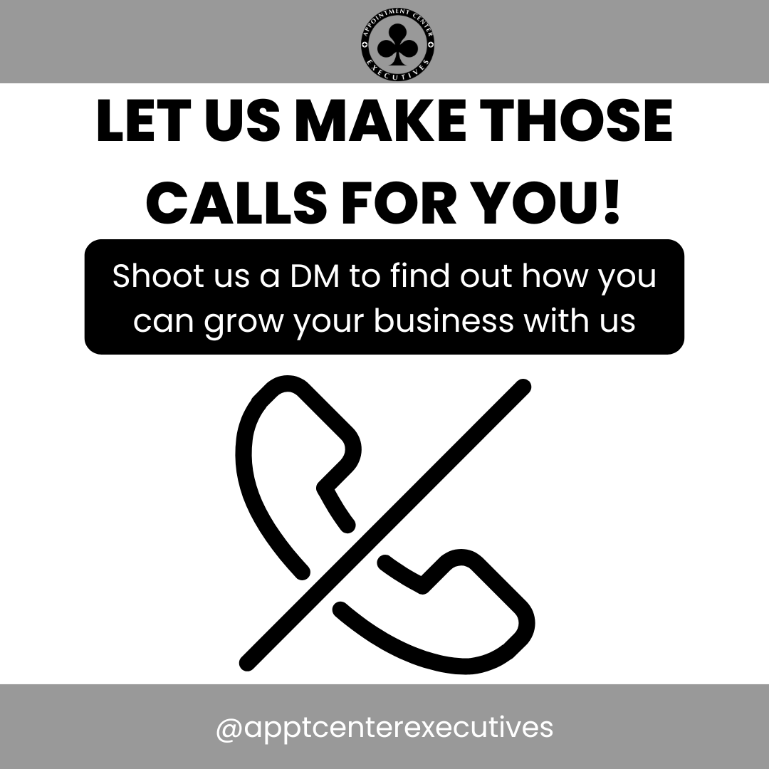 Monday phone calls stress? Let us help you eliminate the stress of making phone calls and appointments and free up some time to grow your business. Send us a message now!

#appointmentcenterexecutives #ace #appointmentsetters #leads #recruiting #virtualassistant #calling #coldcal