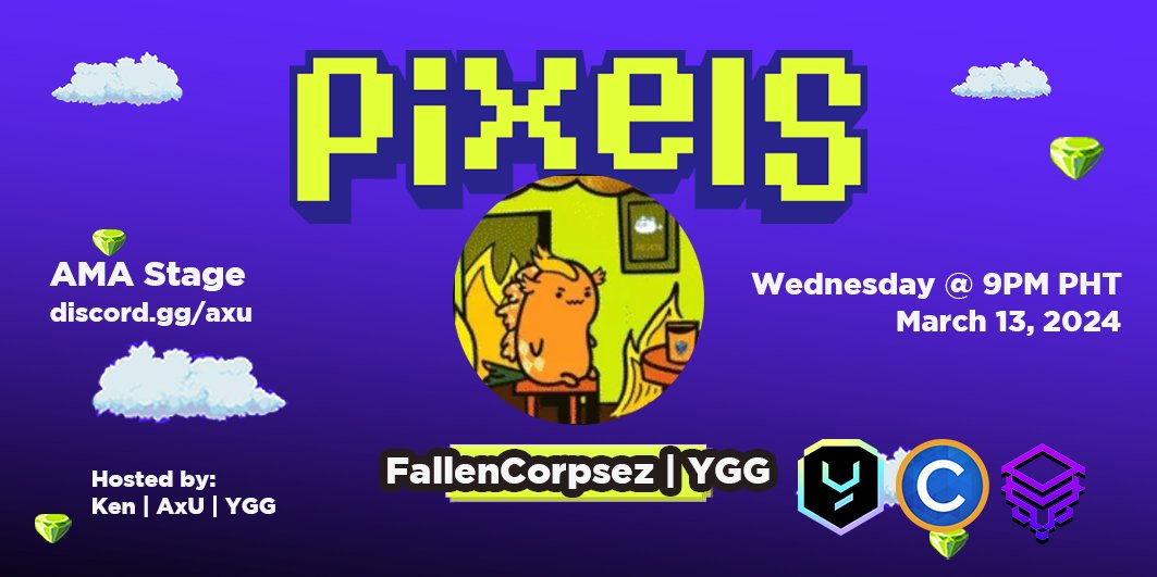 SprakyYGG's tweet photo. AxU FARMERS! WHERE YOU AT? 👨‍🌾

As we celebrate our Pixels Land 2216 allocation from @YieldGuild , we are excited for another AMA episode with none other than @FallenCorpsez! 

Sharpen up your shears and join us this coming Wednesday at 9PM PHT, March 13, 2024 as we embark on another journey courtesy of Pixels!  Mark your calendars NOW! We are giving away Drills and Chickens for the AMA attendees!  

We will also do an X raffle: 
5 WINNERS of 4 $PIXEL sponsored by @CoinsPH each to those who will FOLLOW @SprakyYGG, LIKE and RETWEET this post! Let's go!

#TogetherWeFarm #TogetherWePlay #WeareYGG #AxU