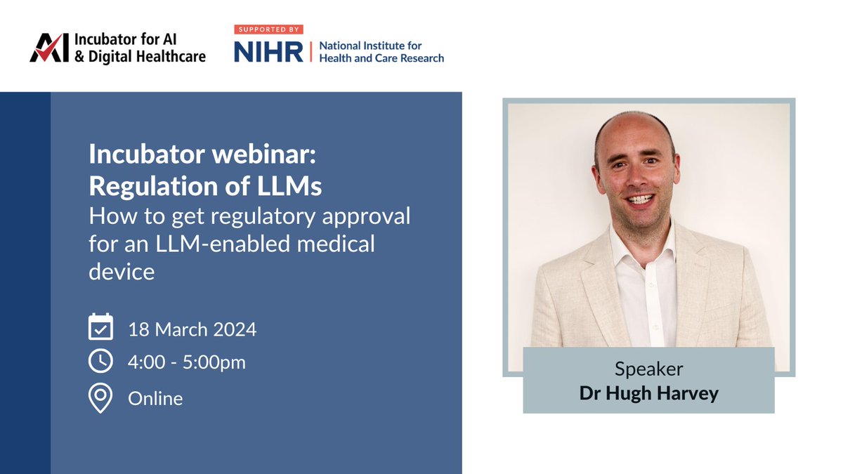 NIHR Birmingham Biomedical Research Centre (@birminghambrc) on Twitter photo The Incubator for AI & Digital Healthcare, run by our very own <a href="/Denniston_Ophth/">Alastair Denniston</a>, is hosting a webinar with @DrHughHarvey (@HardianHealth).
Register to hear all about the regulation of large language models (#LLMs) & their potential impact in healthcare: regulatoryscience.ai/webinar-regula… The Incubator for AI & Digital Healthcare, run by our very own <a href="/Denniston_Ophth/">Alastair Denniston</a>, is hosting a webinar with @DrHughHarvey (@HardianHealth).
Register to hear all about the regulation of large language models (#LLMs) & their potential impact in healthcare: regulatoryscience.ai/webinar-regula…